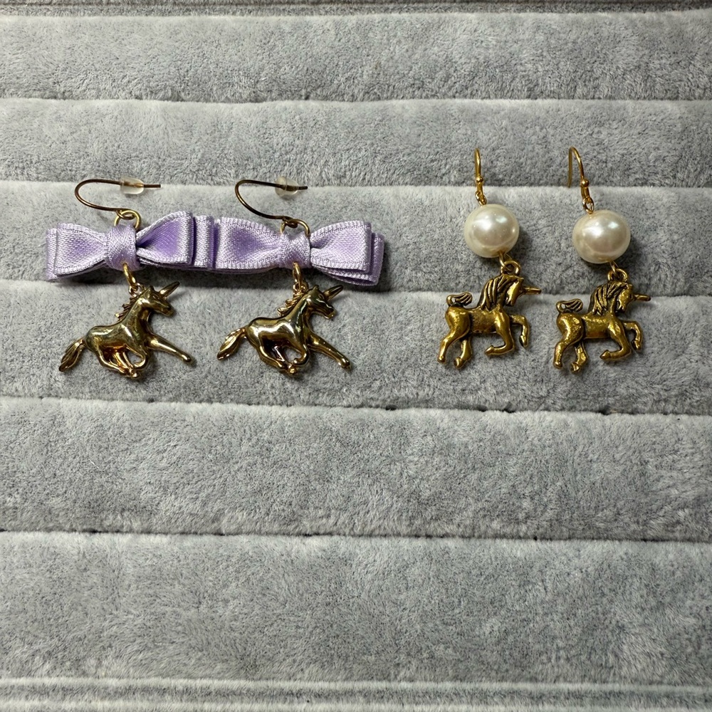Gold Unicorn Earrings and Purple Bow Set